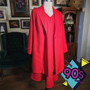 Vintage 90s ROAMANS Red Jacket Dress Suit V Neck Sleeveless Midi Plus Size